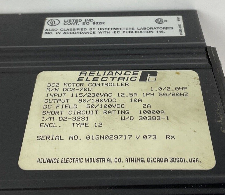 RELIANCE DC2-70U MOTOR CONTROLLER 115/230VAC 12.5A 1.0/2.0HP  MISSING KNOB