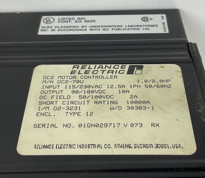 RELIANCE DC2-70U MOTOR CONTROLLER 115/230VAC 12.5A 1.0/2.0HP  MISSING KNOB