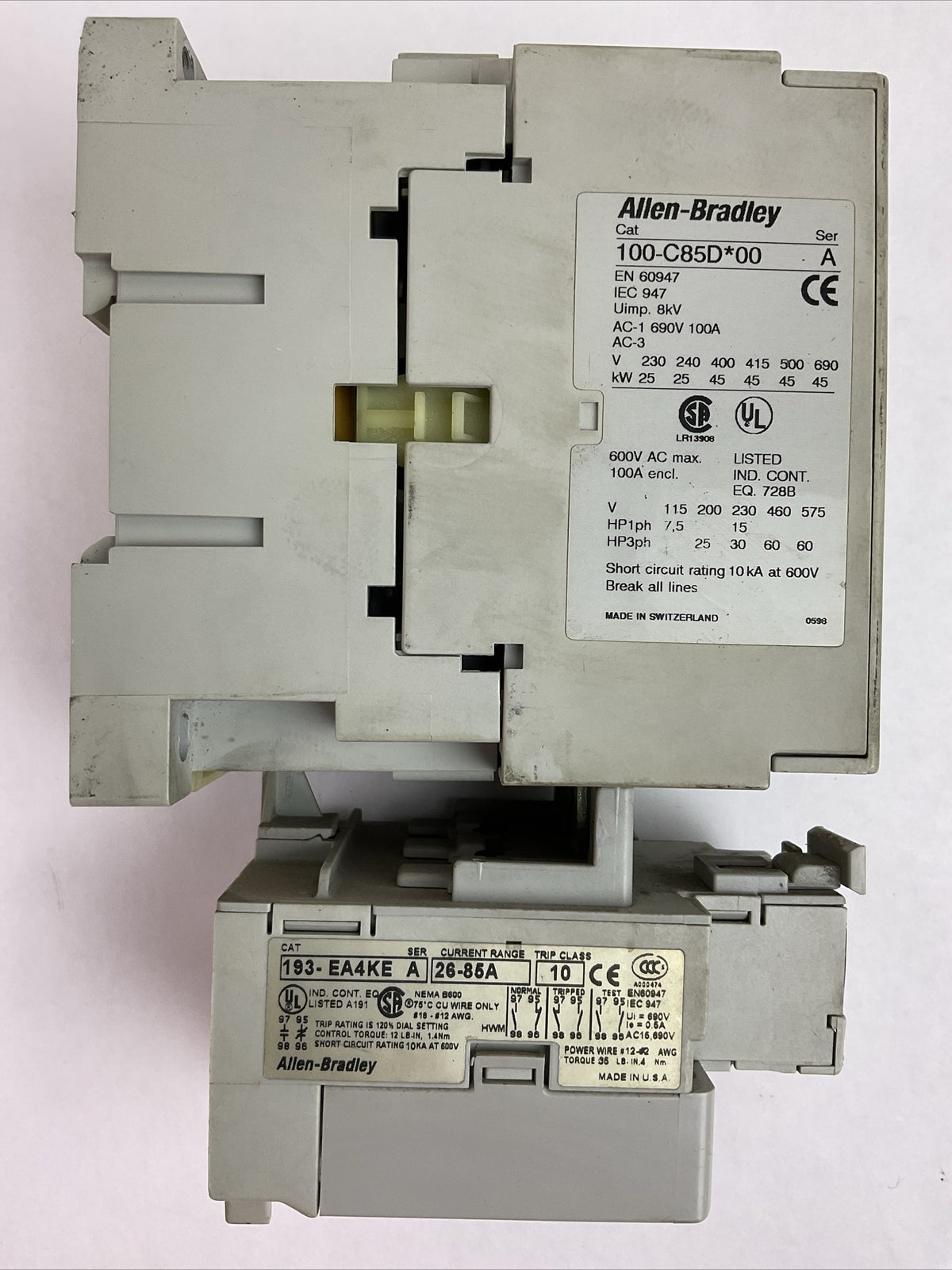 ALLEN BRADLEY STARTER (100-C85D*00 SER A CONTACTOR COIL 24VDC + 193-EA4KE RELAY)