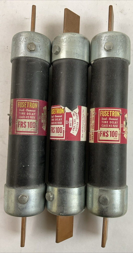 FUSETRON FRS100 DUAL ELEMENT TIME DELAY CLASS K5 FUSE 100AMP 600VAC (LOT OF 3)