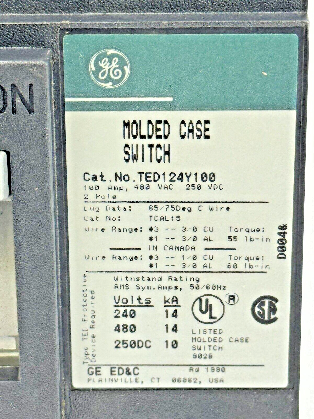 GE - TED124Y100 - MOLDED CASE SWITCH - 2 POLE/480 VAC/100A