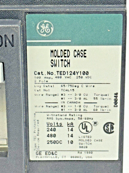 GE - TED124Y100 - MOLDED CASE SWITCH - 2 POLE/480 VAC/100A