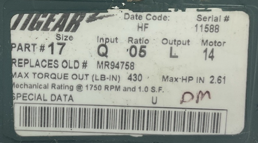 DODGE MR94758 GEAR REDUCER 5:1 1750RPM 2.61HP *HAS SHELF WEAR*