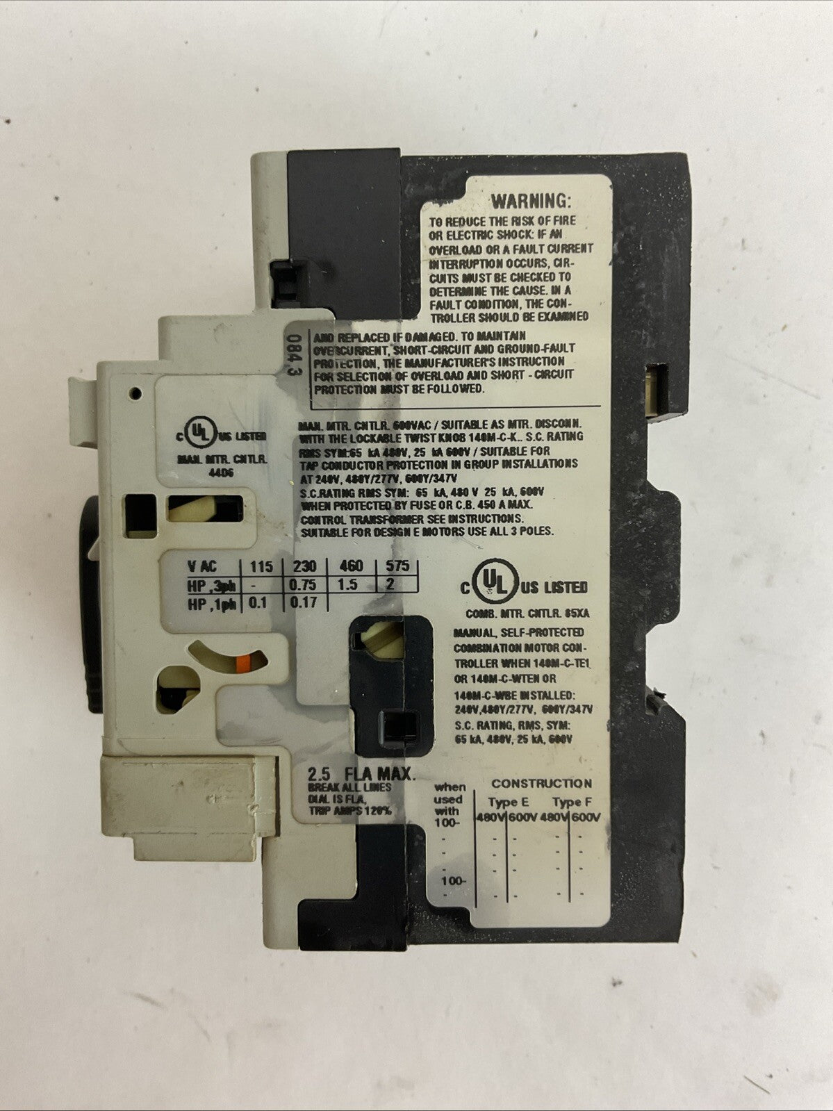 ALLEN BRADLEY 140M-C2T-B25 SER C MOTOR CIRCUIT BREAKER 1.6-2.5A 140M-C-AFA11