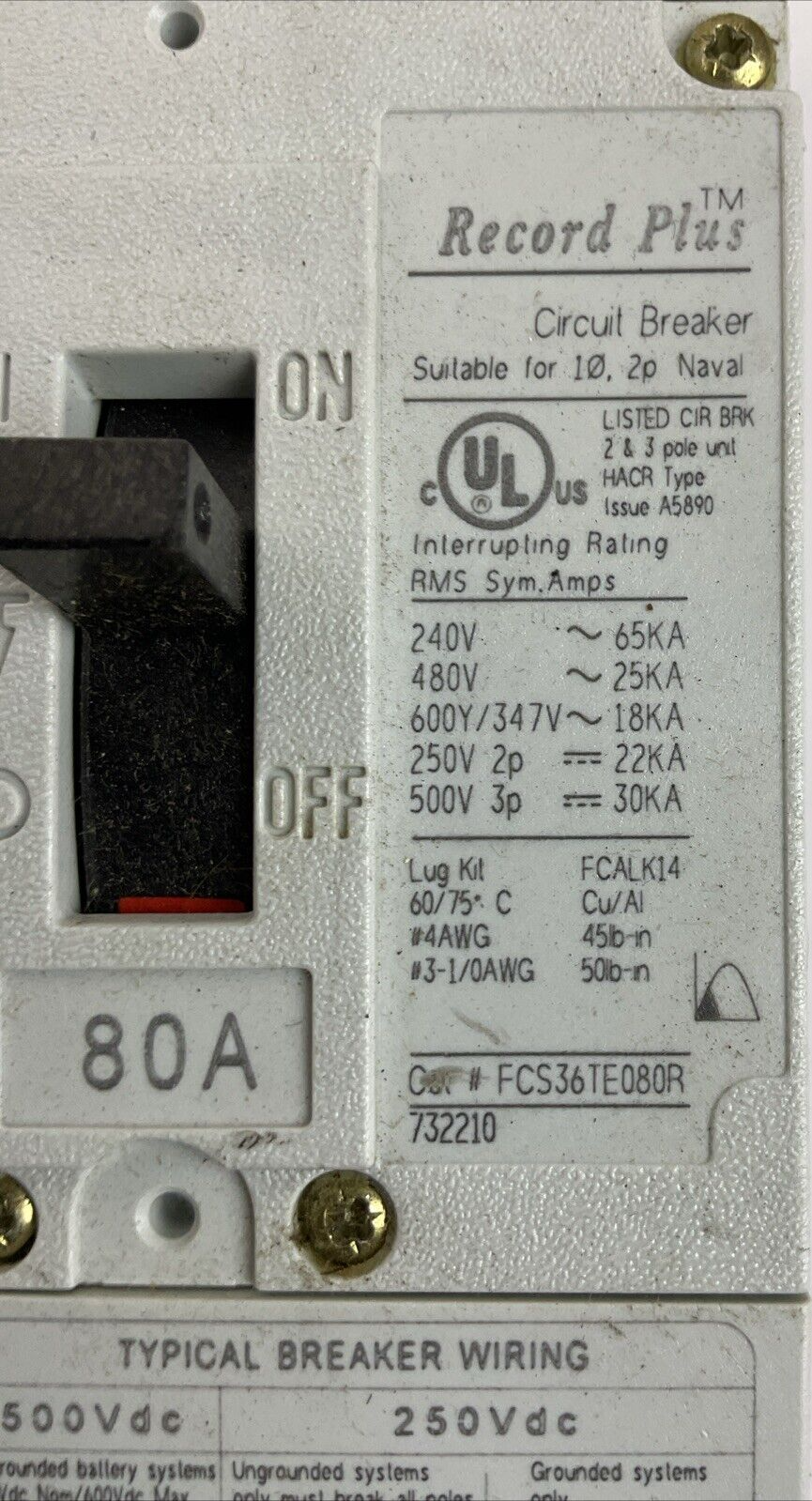 GE FCS36TE080R1 RECORD PLUS 80AMP 600V 3POLE CIRCUIT BREAKER GENERAL ELECTRIC