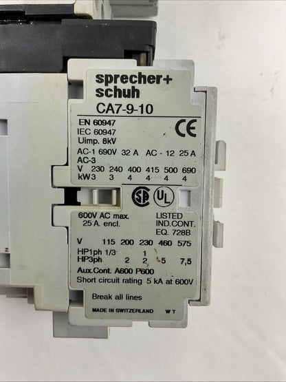 SPRECHER+SCHUH KTA7-25S-10A CIRCUIT BREAKER 6.3-10A CA7-9-10 CONTACTOR 277V COI