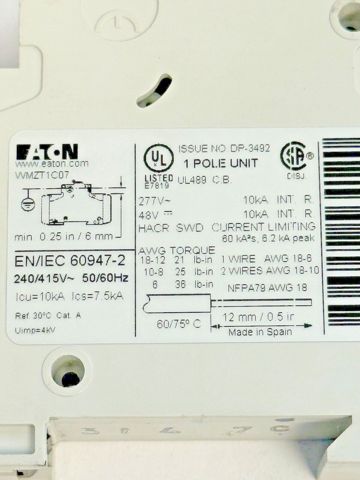 EATON - WMZT1C07 - CIRCUIT BREAKER - 1 POLE/ 7 A/ 277 VAC