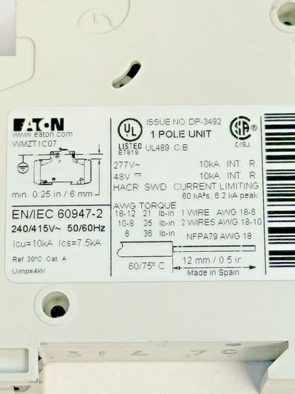 EATON - WMZT1C07 - CIRCUIT BREAKER - 1 POLE/ 7 A/ 277 VAC