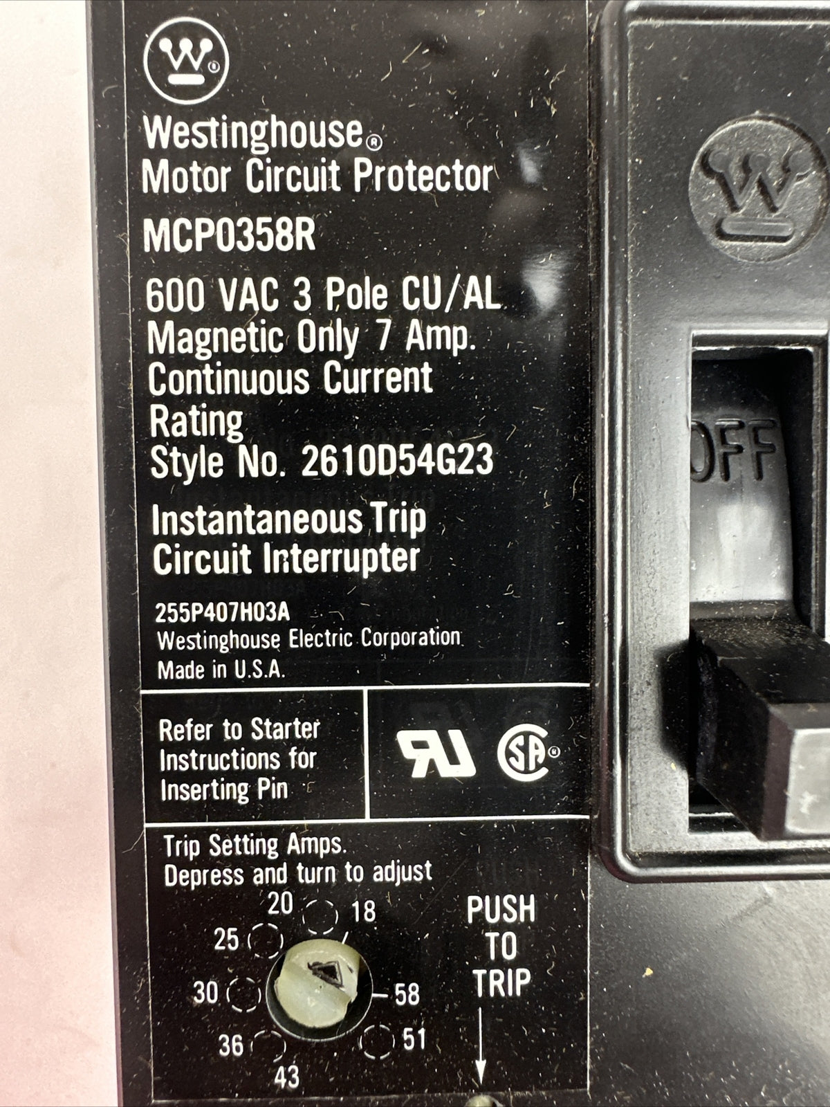 WESTINGHOUSE MCP0358R MOTOR CIRCUIT PROTECTOR 3P 7A 600VAC TRIP RANGE 18-58