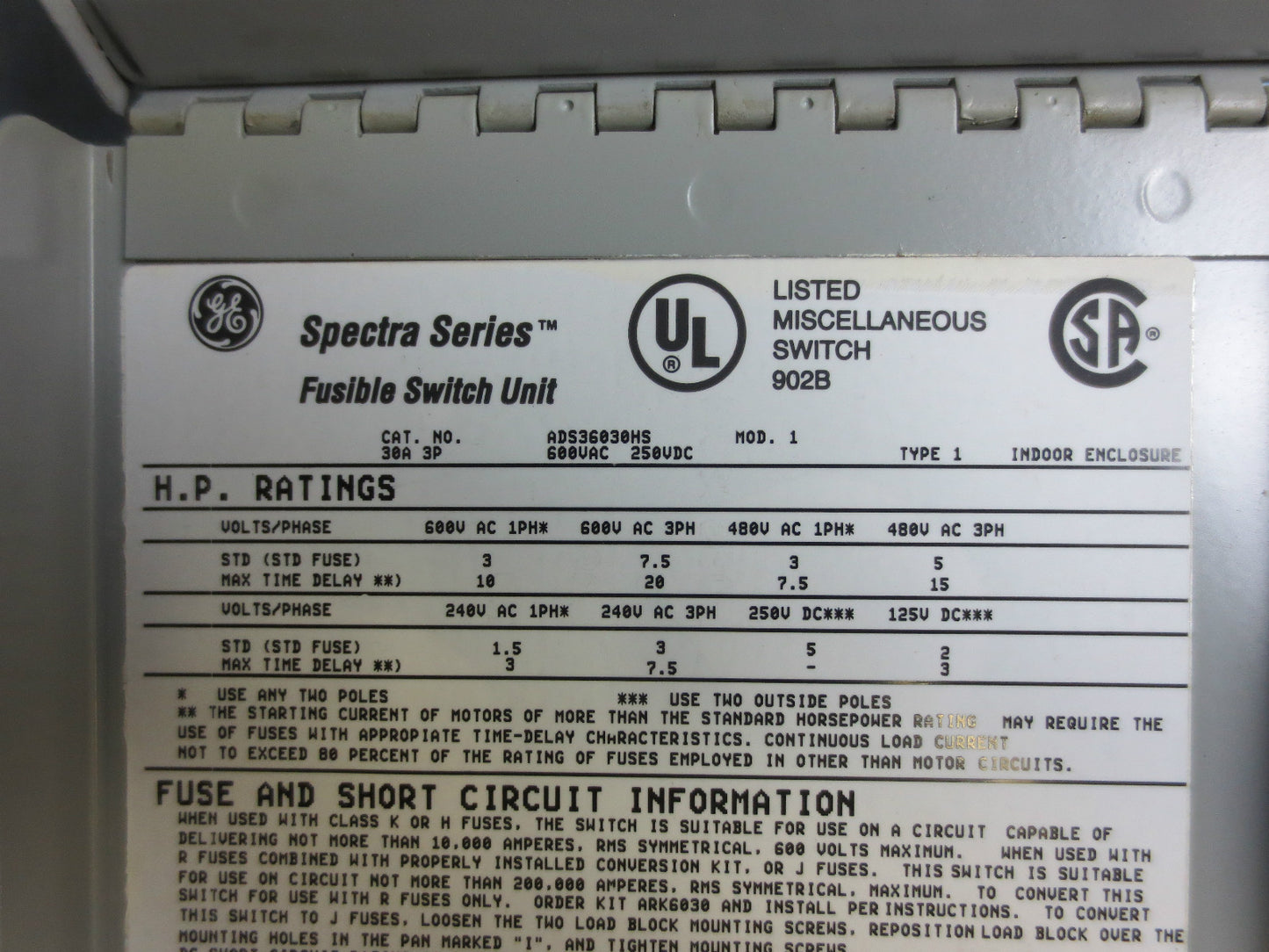 GE ADS36030HS SPECTRA FUSIBLE SWITCH UNIT - 30A, 600V, 3-POLE - NEW SURPLUS