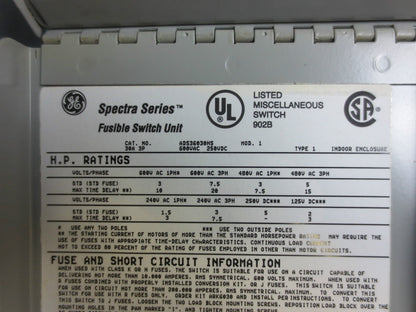 GE ADS36030HS SPECTRA FUSIBLE SWITCH UNIT - 30A, 600V, 3-POLE - NEW SURPLUS