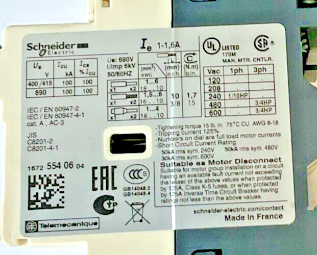 SCHNEIDER ELECTRIC GV2-RT06 MANUAL MOTOR STARTER 1-1.6A 600VAC