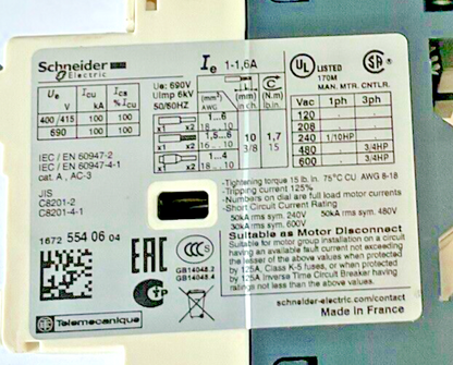 SCHNEIDER ELECTRIC GV2-RT06 MANUAL MOTOR STARTER 1-1.6A 600VAC
