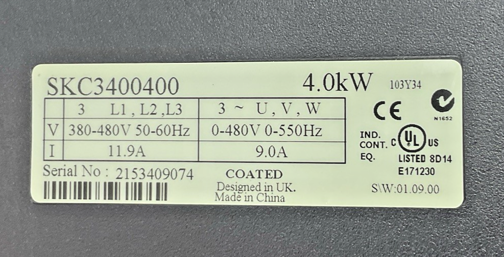 CONTROL TECHNIQUES SKC3400400 DRIVE 4.0KW 11.9A 480V