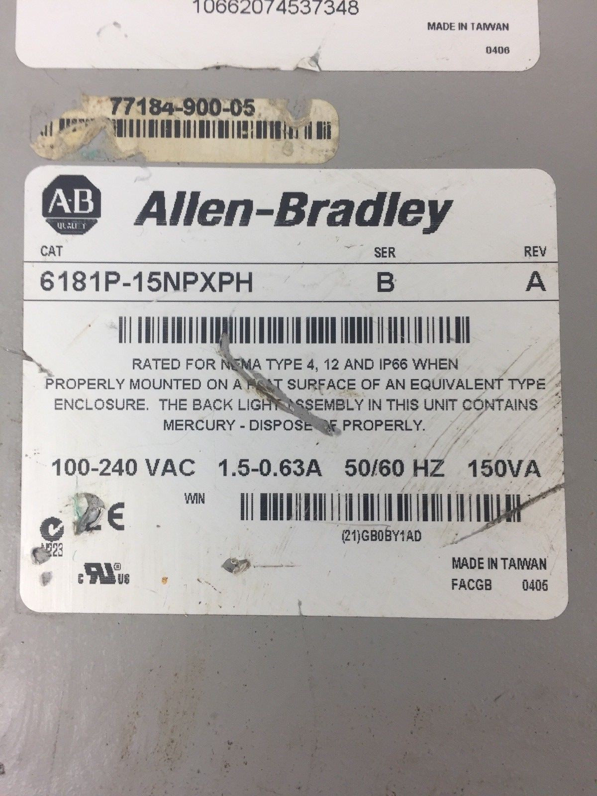 ALLEN BRADLEY VERSAVIEW 1500P 6181P-15NPXPH 100-240VAC 1.5-0.63A 50/60HZ 150VA