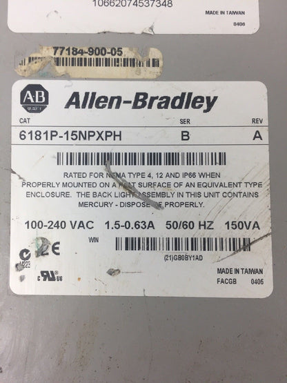 ALLEN BRADLEY VERSAVIEW 1500P 6181P-15NPXPH 100-240VAC 1.5-0.63A 50/60HZ 150VA