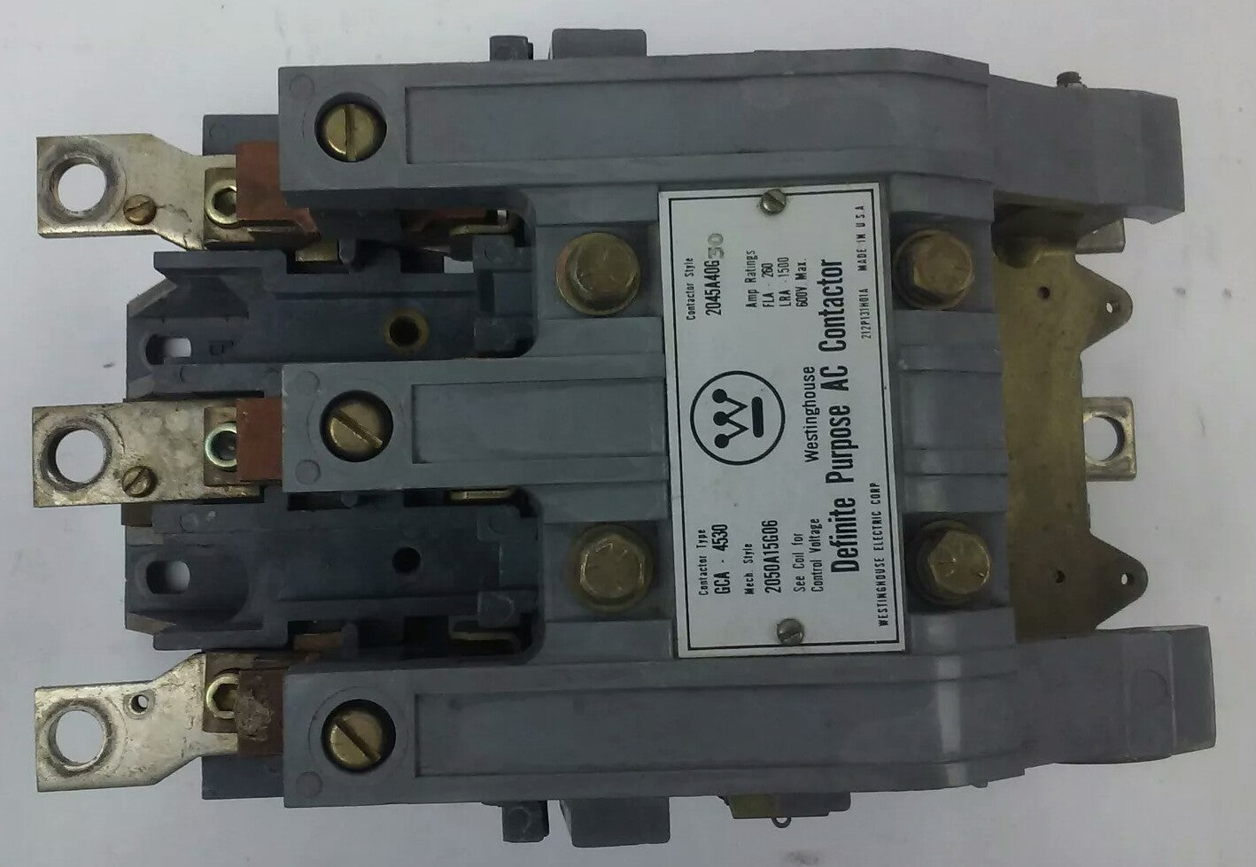 WESTINGHOUSE GCA4530 AC CONTACTOR, 600V MAX, FLA 260A-LRA 1500A, 120V COIL, USED