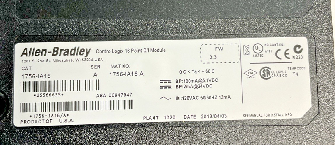 ALLEN BRADLEY 1756-IA16 CONTROLLOGIX 16 POINT D/I MOD. SER.A 24VDC W/O TERMINALS