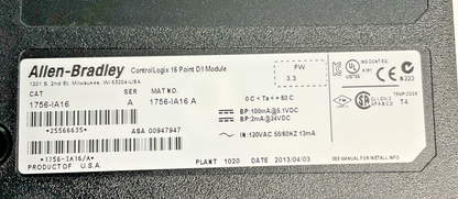 ALLEN BRADLEY 1756-IA16 CONTROLLOGIX 16 POINT D/I MOD. SER.A 24VDC W/O TERMINALS