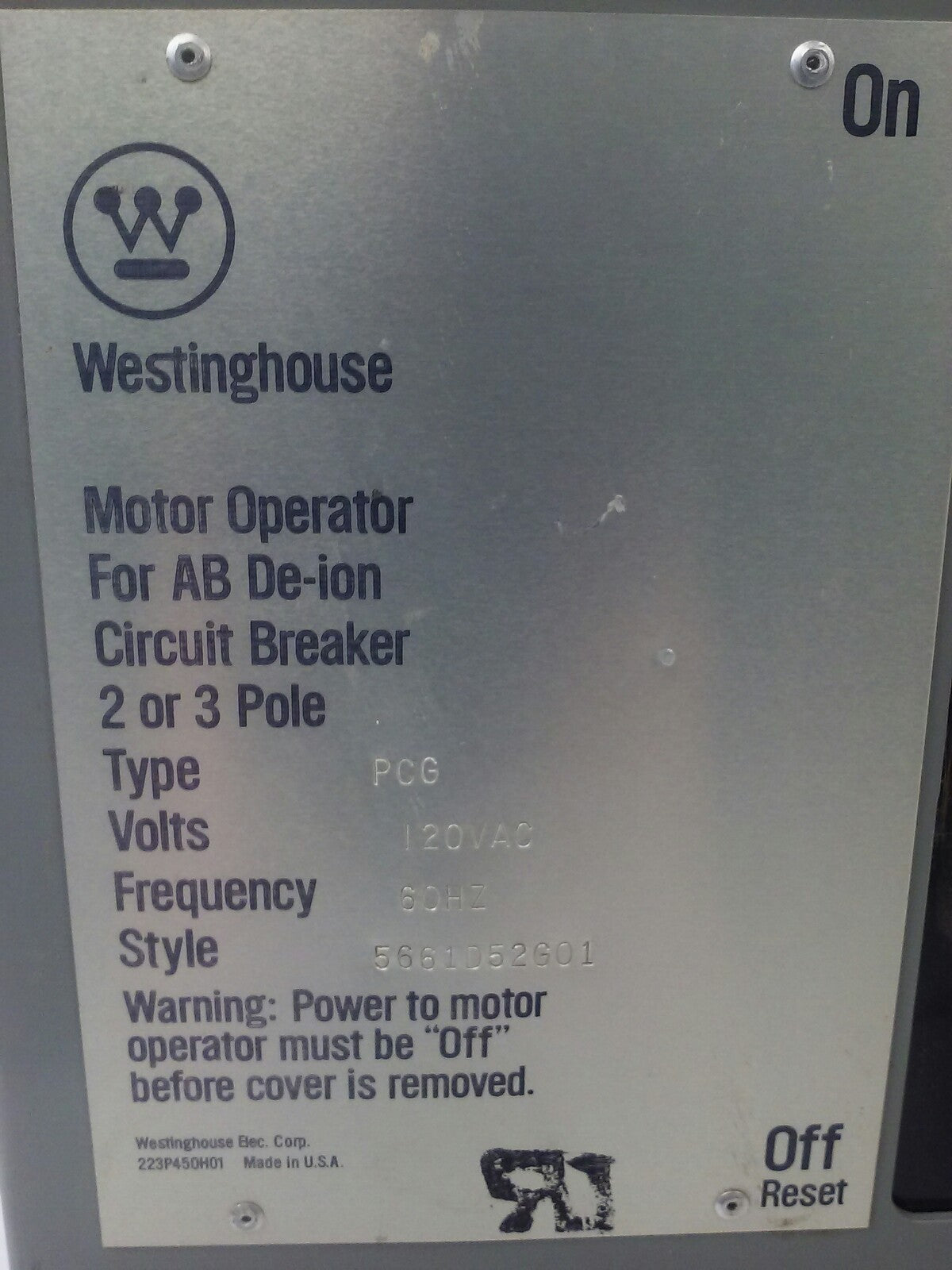 WESTINGHOUSE PCG32000F 3P 600V, MOTOR OPERATER 5661D52G01 TYPE PCG 120V 2P OR 3P