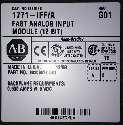 ALLEN BRADLEY 1771-IFF/A FAST ANALOG INPUT MODULE (12 BIT) REV. G01