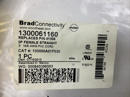 BRAD CONNECTIVITY 1300061160 5P FEMALE STRAIGHT 3' 16/5 AWG PVC CORD