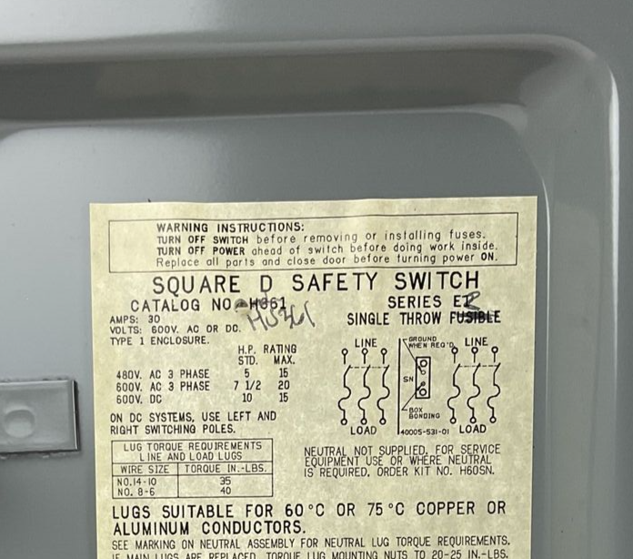 SQUARE D HU361 SAFETY SWITCH NON-FUSIBLE SER.ER  30A 600V