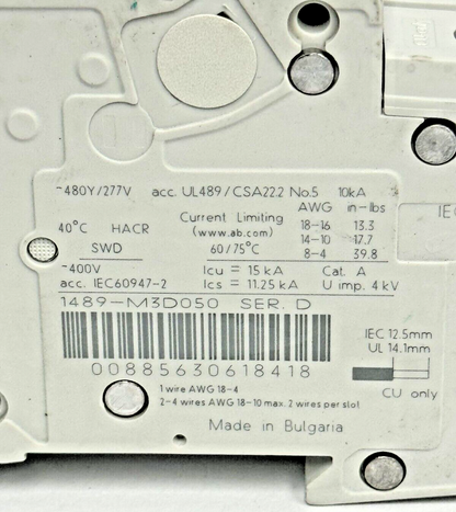 ALLEN-BRADLEY - 1489-M3D050 SER. D - CIRCUIT BREAKER - 3 P, 5 A, 277 V