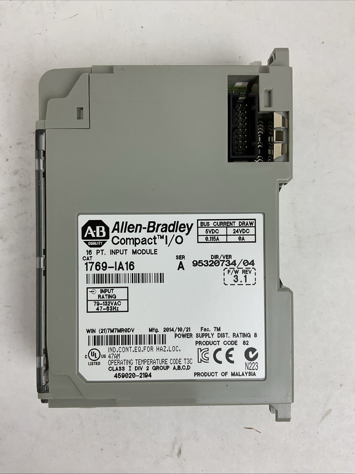 ALLEN BRADLEY 1769-IA16 SER A F/W REV 3.1 DIR/VER 95320734/04 16PT. INPUT MODULE