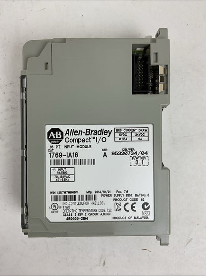 ALLEN BRADLEY 1769-IA16 SER A F/W REV 3.1 DIR/VER 95320734/04 16PT. INPUT MODULE