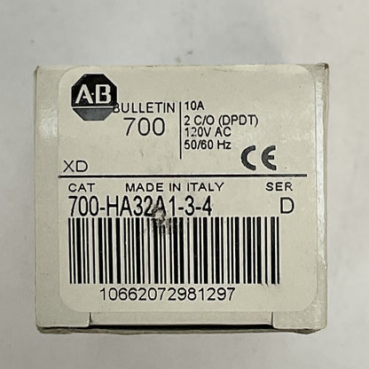 ALLEN BRADLEY 700-HA32A1-3-4 SER D RELAY 10A 2 C/O (DPDT) 120VAC 50/60HZ