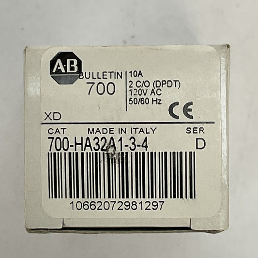 ALLEN BRADLEY 700-HA32A1-3-4 SER D RELAY 10A 2 C/O (DPDT) 120VAC 50/60HZ