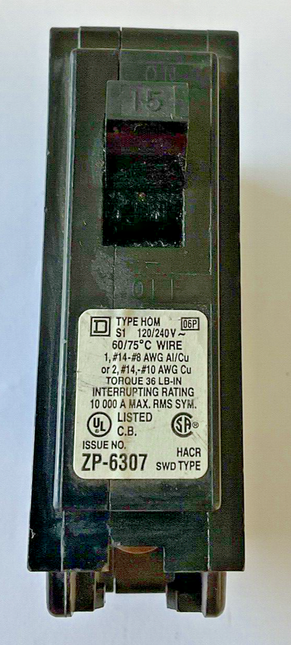 SQUARE D HOM115 CIRCUIT BREAKER 120-240VAC 15A 1POLE ***LOTOF6***