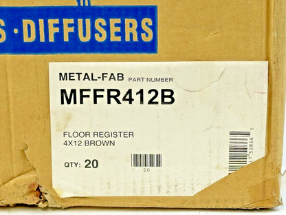 METAL-FAB **BOX OF 20** - MFFR412B - FLOOR REGISTERS - 4" X 12" - NEW IN BOX