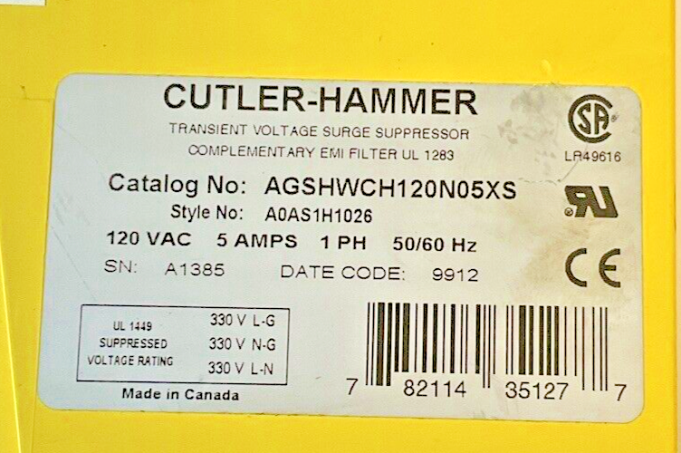 CUTLER HAMMER AGSHWCH120N05XS POWER LINE FILTER 120VAC 5AMPS 1PH 50/60HZ