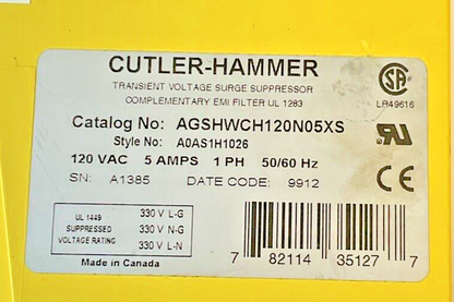 CUTLER HAMMER AGSHWCH120N05XS POWER LINE FILTER 120VAC 5AMPS 1PH 50/60HZ