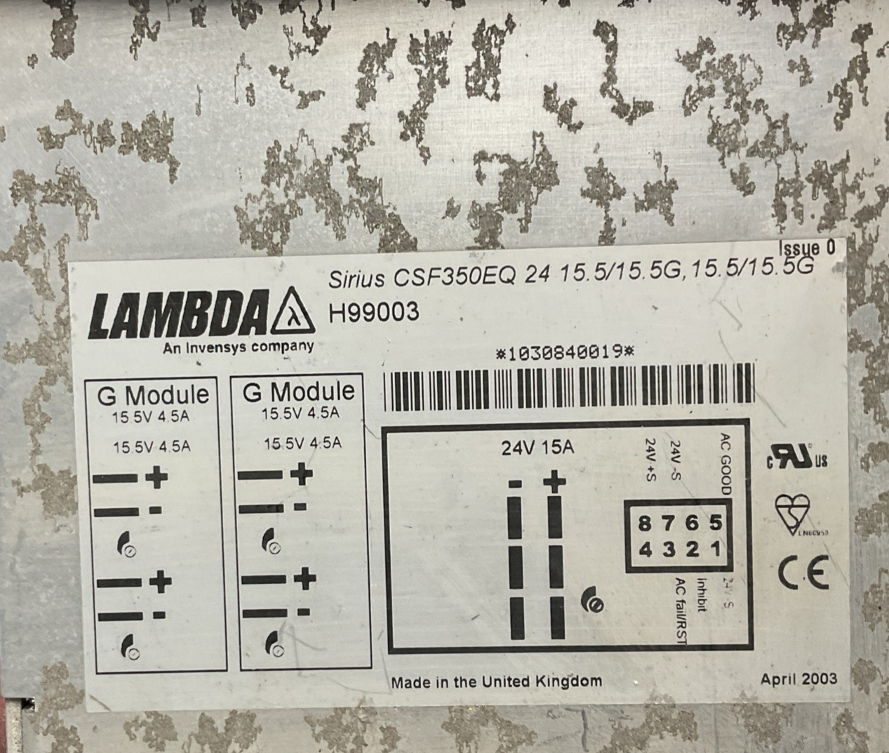LAMBDA SIRIUS CSF350EQ 24 15.5/15.5G, 15.5/15.5G H99003 POWERWARE GmbH L-SYS-NR.