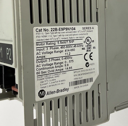 ALLEN BRADLEY 22B-E9P9N104 AC DRIVE 7.5HP 600V FRN6.01 11.2A 3PH