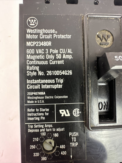 WESTINGHOUSE MCP23480R MOTOR CIRCUIT PROTECTOR 3P 50A 600VAC TRIP RANGE 160-480