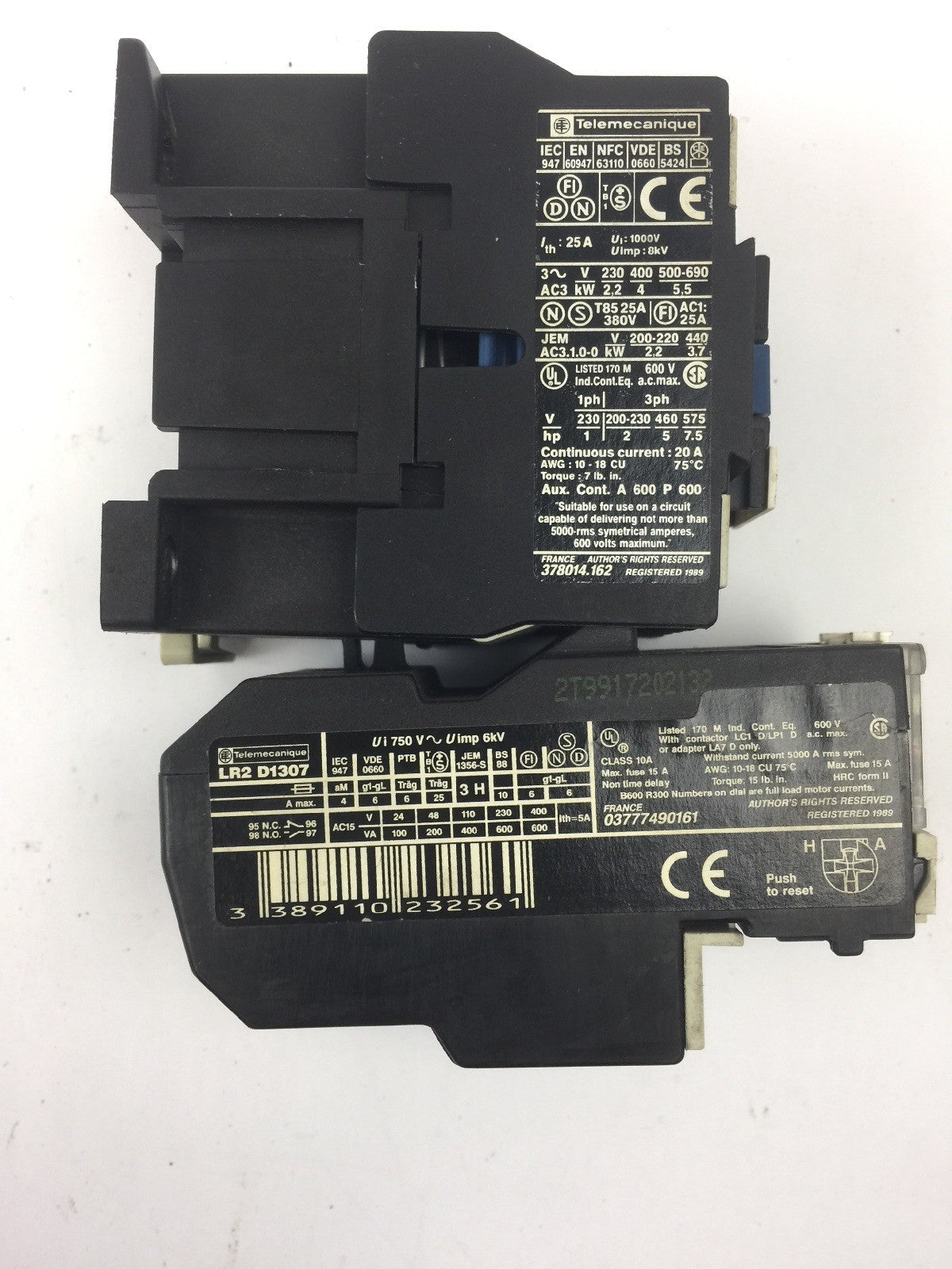 TELEMECANIQUE LC1 D09 10 CONTACTOR 600 VAC 3 PHASE W/ LR2 D1307 OVERLOAD RELAY