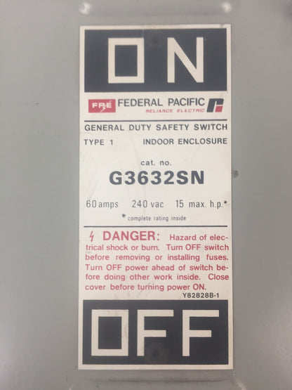 FPE H3632SN FUSIBLE SAFETY SWITCH 240VAC 250VDC 60AMP 15HP 3PH 3 POLE TYPE 1