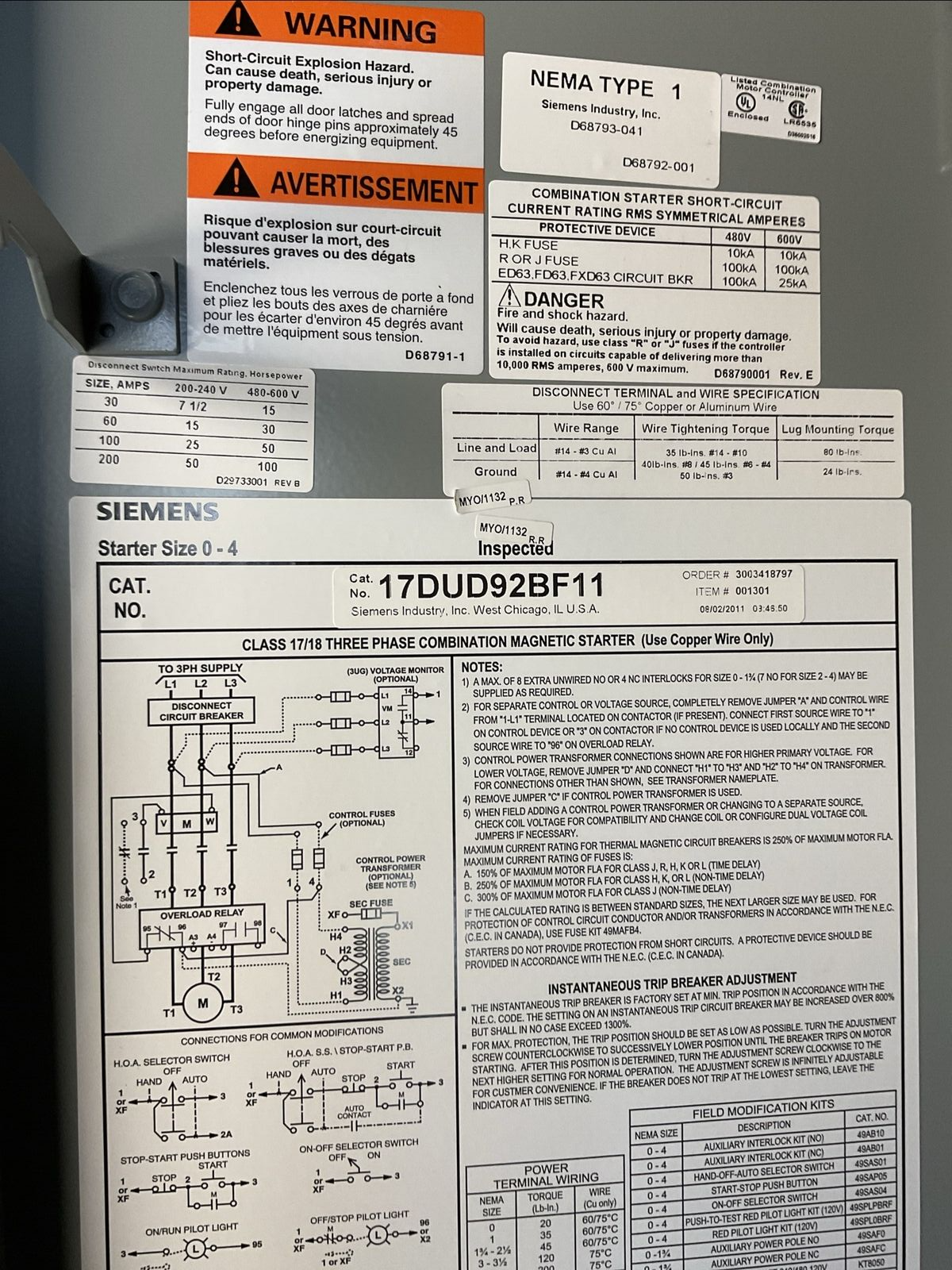 SIEMENS 17DUD92BF11 FUSIBLE COMBINATION STARTER 600VAC 30A 3PH 10HP COIL 120VAC