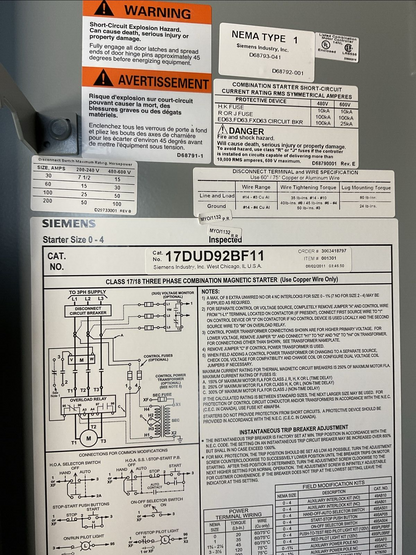 SIEMENS 17DUD92BF11 FUSIBLE COMBINATION STARTER 600VAC 30A 3PH 10HP COIL 120VAC