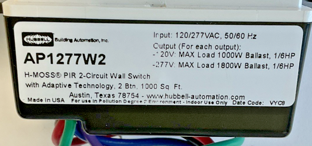 HUBBELL AP1277W2 PIR 2-CIRCUIT WALL SWITCH 120/277VAC 50/60HZ