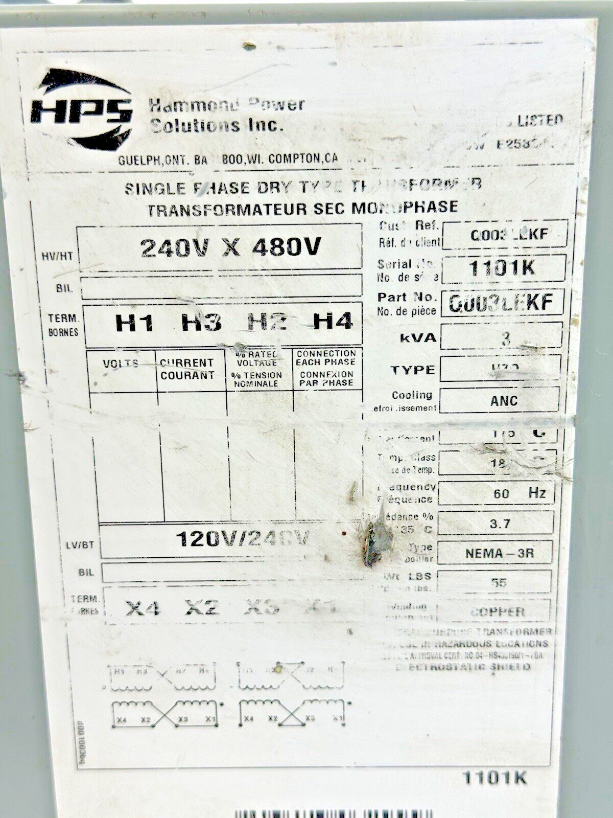 HPS HAMMOND POWER SOLUTIONS - Q003LEKF - SINGLE PHASE DRY TYPE TRANSFORMER
