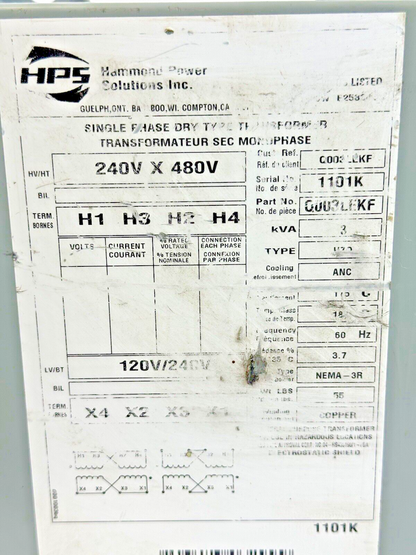 HPS HAMMOND POWER SOLUTIONS - Q003LEKF - SINGLE PHASE DRY TYPE TRANSFORMER