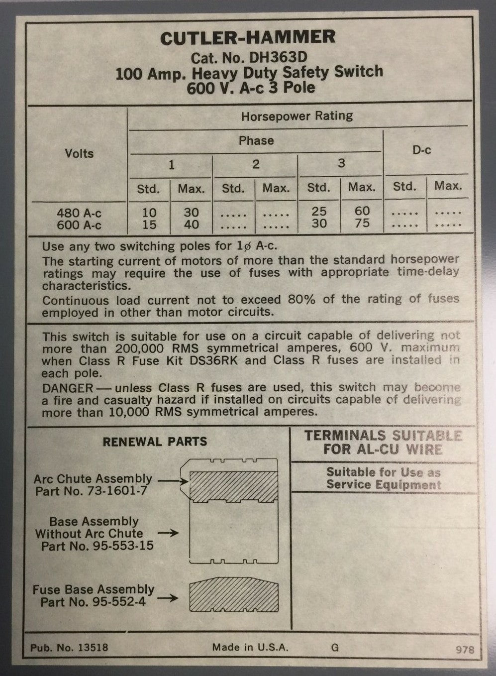 CUTLER HAMMER DH363D NON FUSIBLE SAFETY SWITCH 600VAC 100AMP 3PHASE 75HP 3POLE
