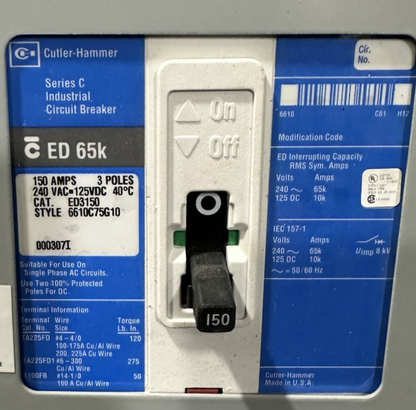 Cutler Hammer PRL1A 150A 3PH Panelboard 120/208V 30 Space Main w/ Clipper System