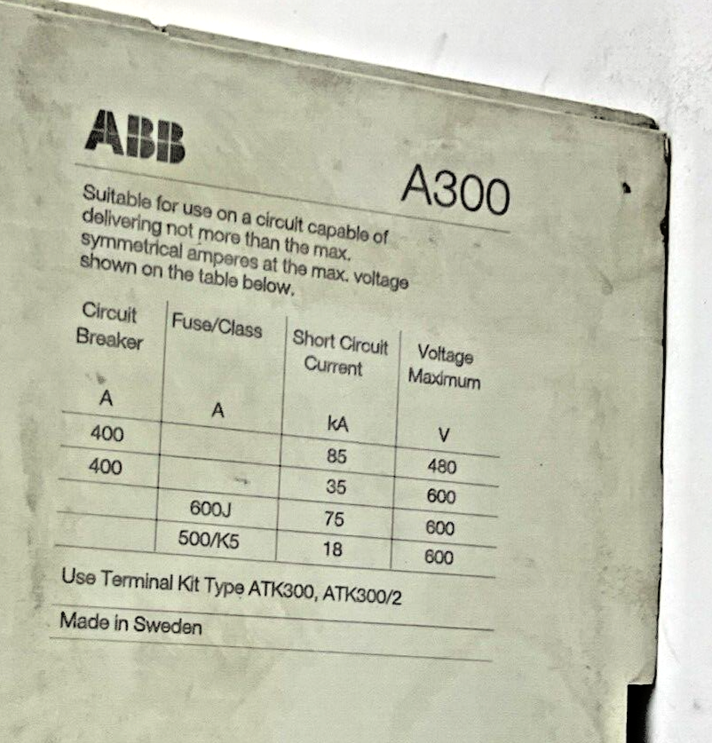 ABB A300-30 CONTACTOR 600VAC 400A 3PH 300HP