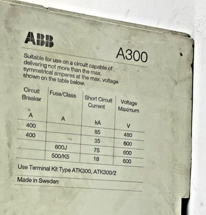 ABB A300-30 CONTACTOR 600VAC 400A 3PH 300HP